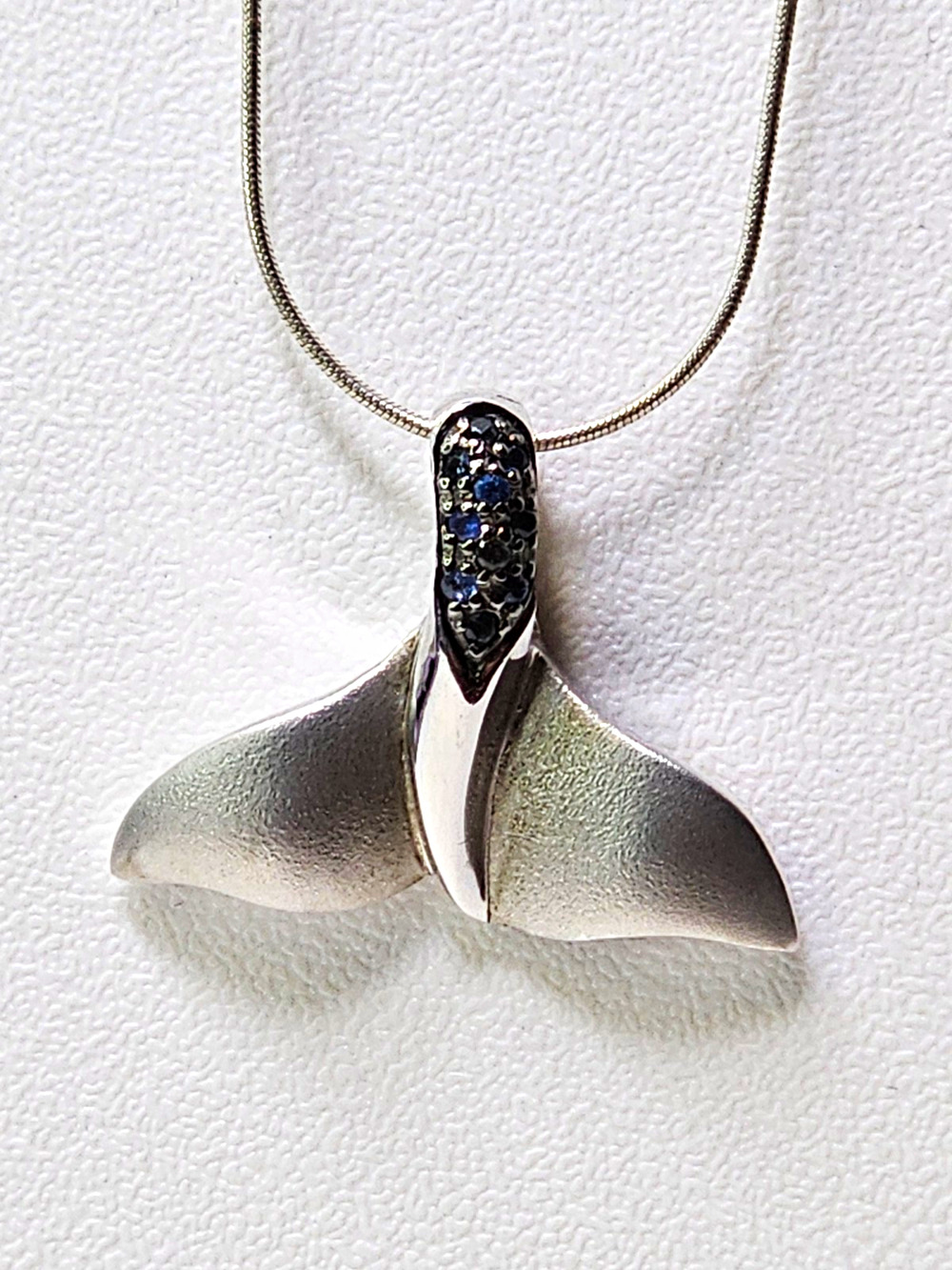925 Sterling Silver Blue Sapphire Whale Tail Pendant Snake Chain Necklace 15"
